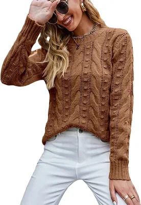 Image de ASKSA Femme Elégant Pull-over Casual à manches longues Pull-over à grosses mailles Sweat-shirt Hauts, Marron, M