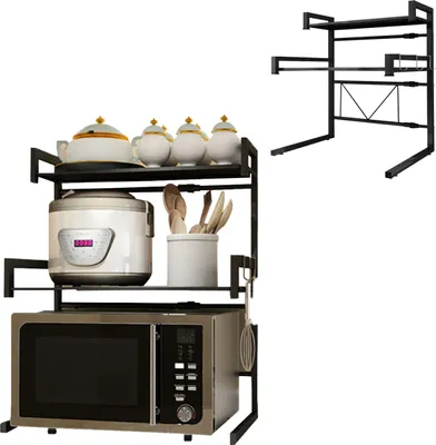 Produktbild von Fleau Home Skrinka na mikrovlnnú rúru - Regál na mikrovlnnú rúru - Kuchynský regál - Regál na mikrovlnnú rúru s úložným priestorom - Kuchynský úložný priestor - Nastaviteľný regál na mikrovlnnú rúru - Regál do rúry - Kov - Čierny