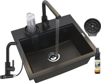 Produktbild von Granitan | Granitspüle Foxal - Schwarz - Einbau mit Küchenarmatur und modernem Design - Ergonomisch