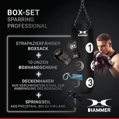 Produktbild von HAMMER Box-Set Sparring Professional, Boxsack 80 cm, Boxhandschuhe, Springseil