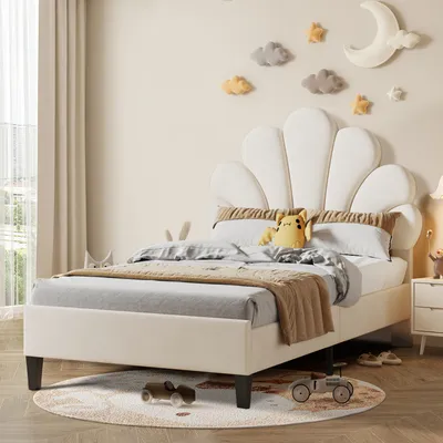 Produktbild von Łóżko tapicerowane Fortuna-Lai 90 x 200 cm - z zagłówkiem w kształcie kwiatu, stelażem listwowym, aksamitem - dla dorosłych i dzieci - Beżowy