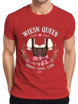 Zdjęcie produktu dla Koszulka męska "Wiesn Queen", motyw: taniec, miłość, , tradycyjny strój bawarski, spodnie skórzane, sukienka "Dirndl", kolor: czerwony, rozmiar: 3XL