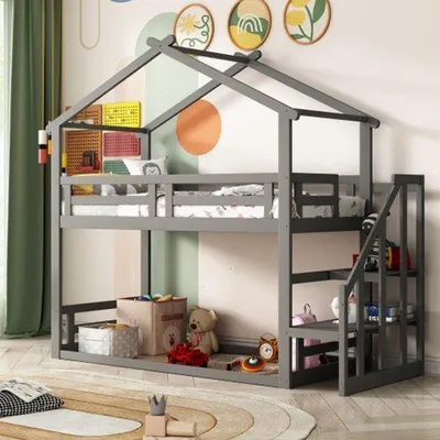Zdjęcie produktu dla Łóżeczko dziecięce 90 x 200 cm, niskie łóżko piętrowe z pasem bezpieczeństwa, rama z litego drewna z listwami, kolor szary