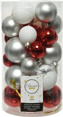 Produktbild von Weihnachtskugeln Kunststoff Mix 4-6cm 30er Set - Rot / Weiß / Silber