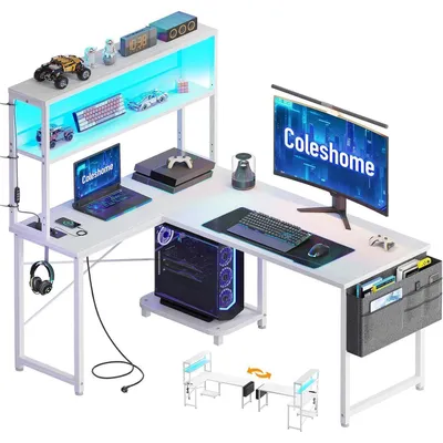 Productafbeelding van Gaming bureau in L-vorm met LED-verlichting en stopcontacten, 110x80 cm. Omkeerbaar hoekbureau met opbergplanken, wit