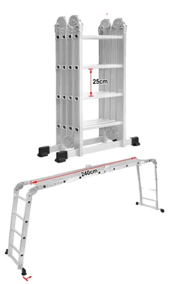 Zdjęcie produktu dla Wielofunkcyjna, składana drabina, regulowana wysokość, dwie platformy robocze, konfiguracja 4x4, 16 szczebli