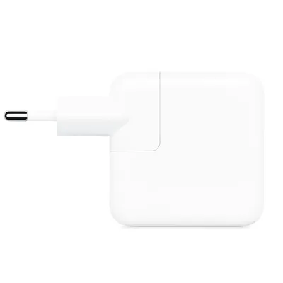 A white Apple mobile device charger on a white background.