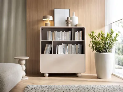 Produktbild von MOEBLO Regal BERLIN RG108 – Vitrine mit offenen Fächern, 2 Türen und Tip-on (BxHxT): 108x121x39 cm - Kaschmir