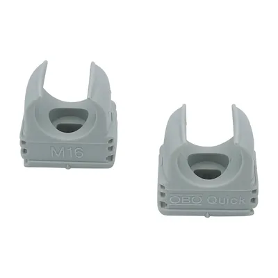 Two gray plastic cable clamps are shown against a white background.