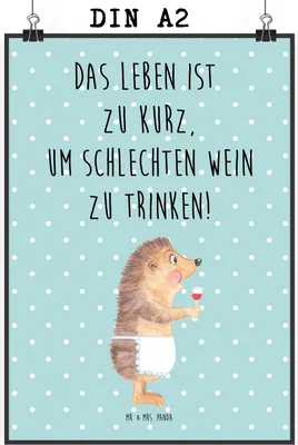 Produktbild von Mr. & Mrs. Panda Bild Igel Wein DIN A2 - Türkis Pastell - Geschenk, Rotwein, Plakat, Spruch, Wanddekoration, Lustige Sprüche, Kunstdruck, drucke, Weißwein, Weinliebhaber