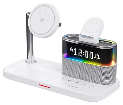 Obrázek produktu pro 15W 5-v-1 magnetická bezdrátová nabíjecí stanice s RGB osvětlením a digitálním displejem, rychlá nabíječka pro smartphony, chytré hodinky a sluchátka, bílá