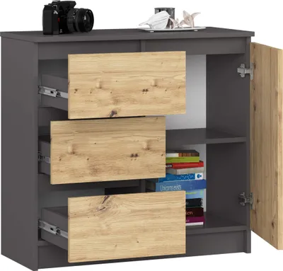 Obrázok produktu pre Komoda 80 cm s 3 zásuvkami a 1 dvierkami, príborník, skriňa, 77 cm vysoká