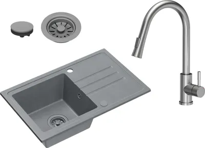 Immagine prodotto di VBChome Lavello in granito grigio con rubinetto 70 x 44 cm Lavello da incasso a vasca singola Maculato Reversibile Lavello in granito grigio Sifone Rubinetto per lavabo Inox con bocca estraibile