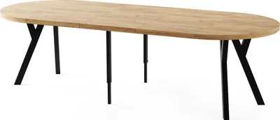 Obrázek produktu pro Jídelní stůl kulatý velký XXL Rozkládací v loftovém stylu - 100 až 250 cm - Extra dlouhý rozkládací stůl s černými dřevěnými nohami, industriální stůl pro 5-14 osob - Jídelní stůl - Světle hnědý dub