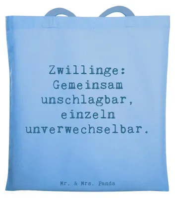 Produktbild von Mr. & Mrs. Panda Beutel Spruch Unschlagbare Zwillingsgeschwister - Sky Blue - Geschenk, Freude, Laptoptasche, Tote Bag, Jutebeutel, Shopping Tasche, Geschenke, Teamgeist