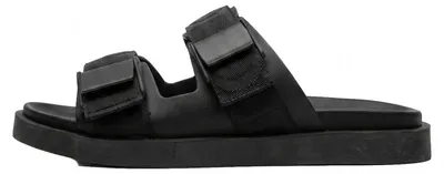 Immagine prodotto di Ciabatte da spiaggia da uomo in pelle nera, modello Emporio Armani, casual ed eleganti, con fibbie