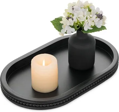 Imagen del producto de Bandeja decorativa ovalada de madera con cuentas - Diseño natural