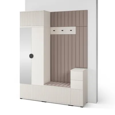 Produktbild von Garderoben-Set Ritmo version 8 – gefräste Kleiderschrank mit Polsterplatten, Schuhschrank, für Flur und Eingangsbereich (Cashmere, Trinity 05)