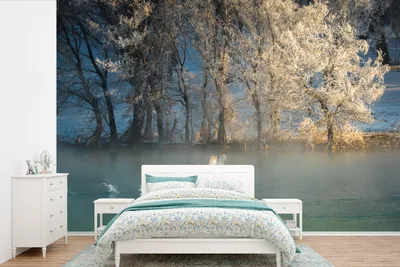 Produktbild von MuchoWow® Fototapete für Wohnzimmer oder Schlafzimmer Wandtapete Vinyl Motivtapete Schwan - Bäume - Winter - 600x400 cm - Vinyltapeten
