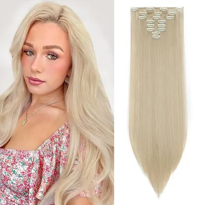 Image de Extensions à clipser, cheveux synthétiques, lisses, 8 mèches, 18 clips, 66 cm, blond miel/blond très clair, 140g