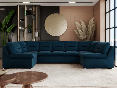 Produktbild von Sofa XXL U-Form Beige, Wohnlandschaft U Form mit Schlaffunktion, Sofa mit Schlaffunktion, Schlafsofa, Wohnzimmer Couch mit schlaffunktion - Comodo U - Dunkelblau Velvet