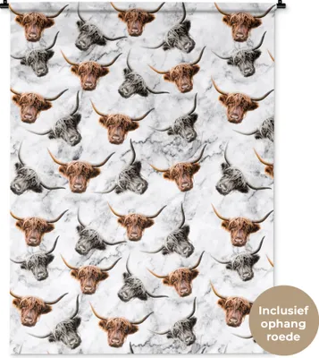 Produktbild von MuchoWow® Wandteppich Wandbehang Schottisches Hochlandrind - Marmor - Muster 120x160 cm Tapisserie Dekoration Wandtuch - Wohnzimmer - Moderne