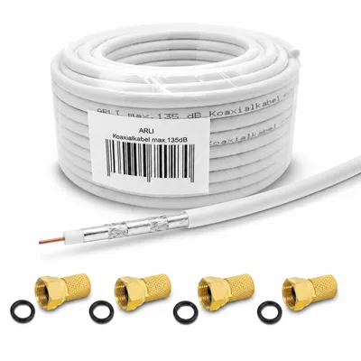 Produktbild von 15m ARLI Koaxialkabel – max. 135 dB 5-fach geschirmt + 4x vergoldete F-Stecker mit breiter Mutter & Dichtring für DVB-S2 DVB-C2 DVB-T2 4K HD TV