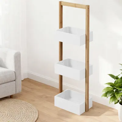 Produktbild von Badezimmer Regal 3 Ebenen Bambus Weiss 28x18x84,5cm MDF Aufbewahrungsschrank Badmoebel Mehrzweck Ablage fuer Handtuecher Kosmetik