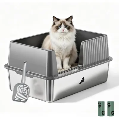 Produktbild von Theo&Cleo Edelstahl Katzenklo XXL Katzentoilette mit hohem Rand und Schaufel für große Katzen leicht zu reinigen geruchsarm B60 60,3×40×31 cm