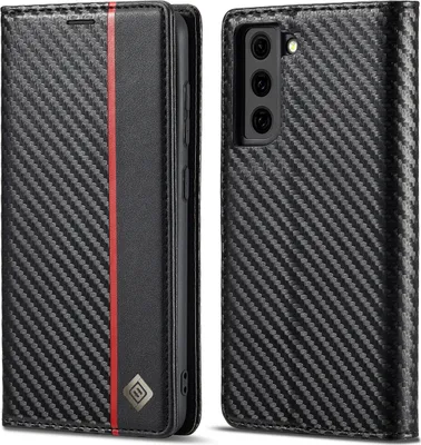 Obrázek produktu pro Pouzdro pro Samsung Galaxy S21 FE 5G Karbónové kožené pouzdro s držákem karet, magnetem a stojánku černé Vertikální červené