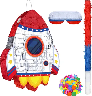 Produktbild von Raketenschiff-Piñata mit Zugschnur, Raketen-Piñatas mit Augenbinde, Fledermausstab-Konfetti für Kinder, Weltraum-Geburtstagsparty-Zubehör