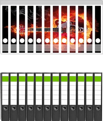 Produktbild von Wallario 12 Stück schmale Ordner inkl. Klebeetiketten mit Motive Brennende Gitarre -  Set mit Rückenschildern / Ordnerrücken Stickern