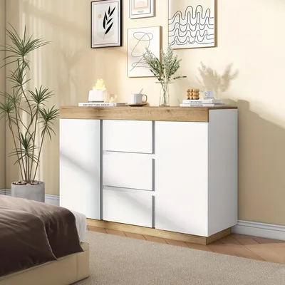 Productafbeelding van Ladekast - Commodes - Opbergkast - Dressoir - Ladenkast - Wit + Eiken - 3 Laden en 2 Deuren