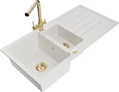 Produktbild von Mexen Andres Granitspüle 1,5-Becken mit Abtropffläche und Küchenarmatur Duero, weiß - 6515-20-671600-50