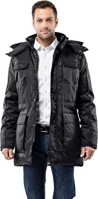 Imagen del producto de Abrigo de invierno acolchado para hombre, con cuello alto, capucha desmontable y corte ajustado, de corte largo