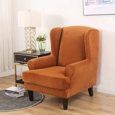 Obrázek produktu pro Velvet Wing Chair Covers 2 Piece Chair Covers Slipcover Elastický kryt křesla Sofa Cover Stretch Protective Cover Kryt křesla pro Wing Chair, Orange