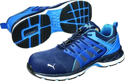 A pair of blue Puma safety shoes, with one shoe shown from the side and the other from underneath.