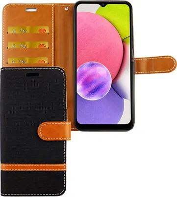 Produktbild von Samsung Galaxy A03s Tasche Handy Hülle Schutz-Cover Flip-Case mit Kartenfach, Farbe:Jeasn Schwarz