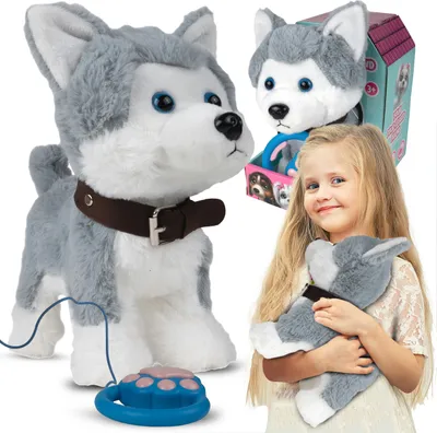 A collage of a plush husky toy, a child holding a smaller version of the toy, and the toy's packaging.