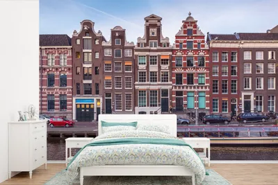 Produktbild von MuchoWow® Fototapete für Wohnzimmer oder Schlafzimmer Wandtapete Vinyl Motivtapete Grachtenhäuser in Amsterdam - 450x300 cm - Gemusterte
