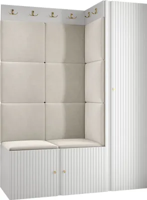 Produktbild von MIRJAN24 Garderoben-Set Orion Ryfel Slim IX, Kleiderschrank, Schuhschrank, 2x Kleiderhakenbrett, 11x Paneel 42x42, 4 Kleiderhaken für Kleidung, Metallgriffe (Farbe: Weiß, Manila 02)