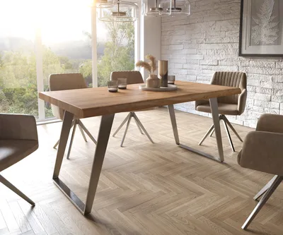Produktbild von DELIFE Esstisch Edge 160x90 XL Akazie Natur Edelstahl Schräg Live-Edge