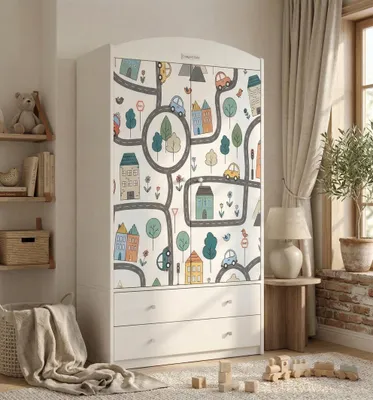 Image de Armoire pour enfant blanche 88 x 187 cm avec 2 tiroirs et une tringle, meuble de chambre d'enfant spacieux, autocollants colorés