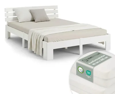 Image de Lit double en bois 160x200 avec 2 matelas blanc pin Cadre de lit en bois massif sommier à lattes