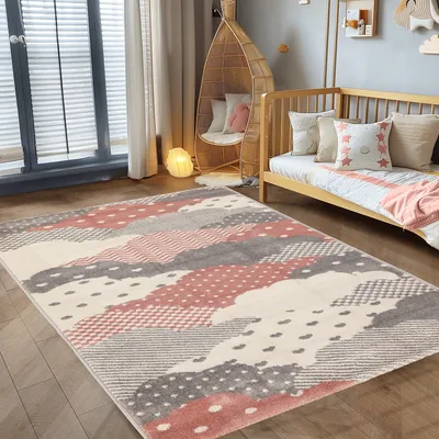 Produktbild von Kinderteppich Kinderzimmer Wolke Design Kinder Teppich Babyzimmer Weicher Flor, Grösse:120 cm Rund