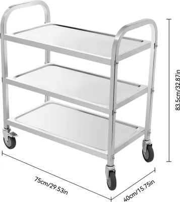 Obrázok produktu pre Servírovací vozík – 3-poschodový vozík z nehrdzavejúcej ocele – aretovateľné kolieska – rozmery 75×40×83,5 cm – nosnosť 20 kg na každú policu – obdĺžnikový – strieborný