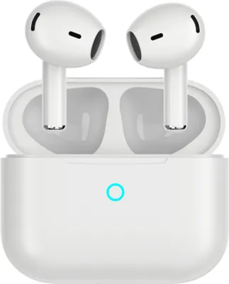 A pair of white wireless earbuds in their charging case.
