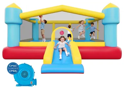 Produktbild von Aufblasbare Hüpfburg - Kinder Spielcenter - Mit Rutsche - Basketballkorb - Großer Hüpfbereich - Für Innen- und Außenbereich - Für 3–4 Kinder (3–8 Jahre) - Maße 448 x 420 x 207 cm