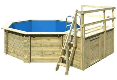 Produktbild von Aufstellpool Holzpool-Set Karibu Classic 1C rund Ø 400x124 cm inkl. Leiter, Bodenschutzvlies, Sonnendeck & 1 Flügel Holz