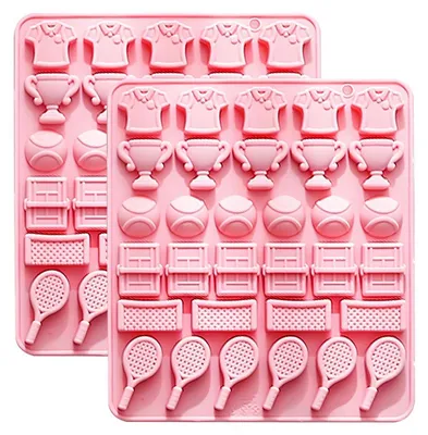 Productafbeelding van Siliconen bakvorm met tennismotief, set van 2, roze, 26 vakjes voor snoepjes en gelatine